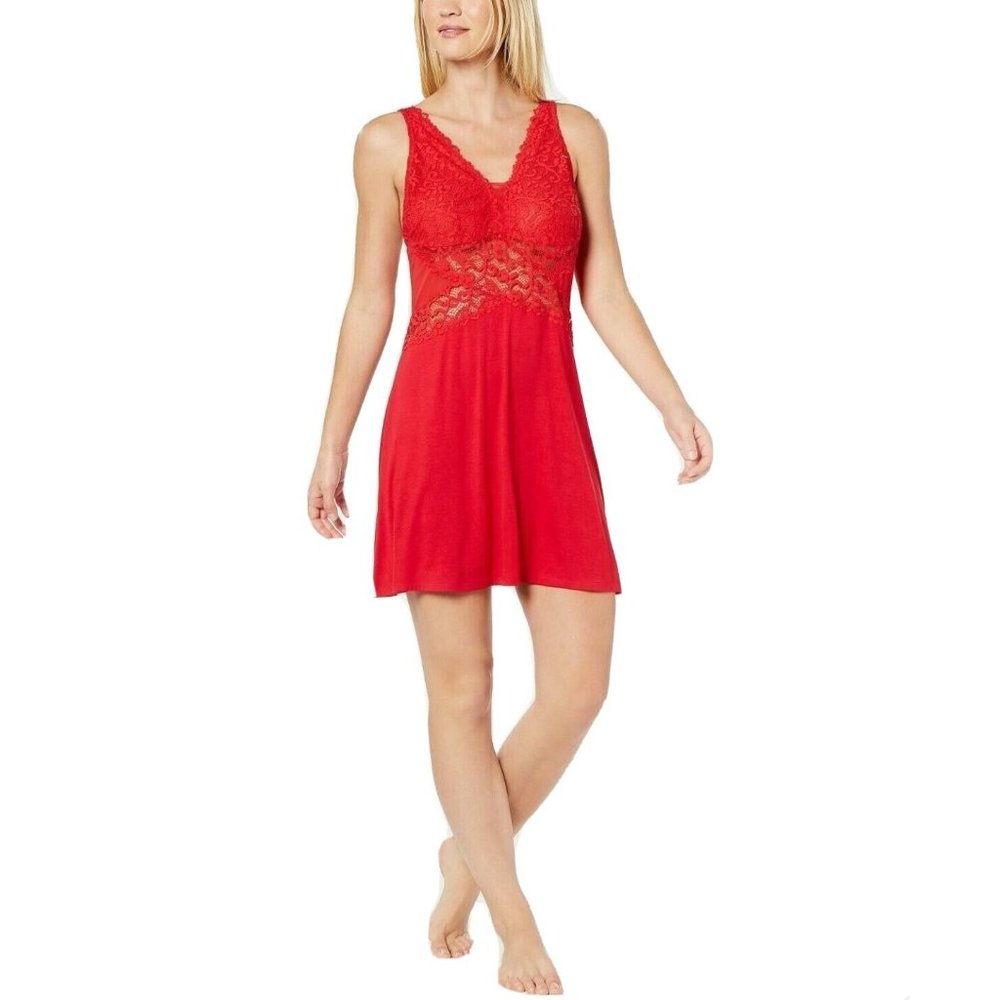 INC Gown Size XS Soft Knit Red Chemise Nightgown  Lace Detail V-Neck Sleepwear